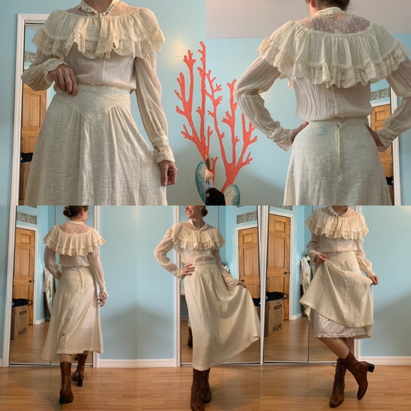 SOLD Vintage Western Swing Dancing Cream Prairie Flax Linen Midi Skirt* - Picture 2 of 4